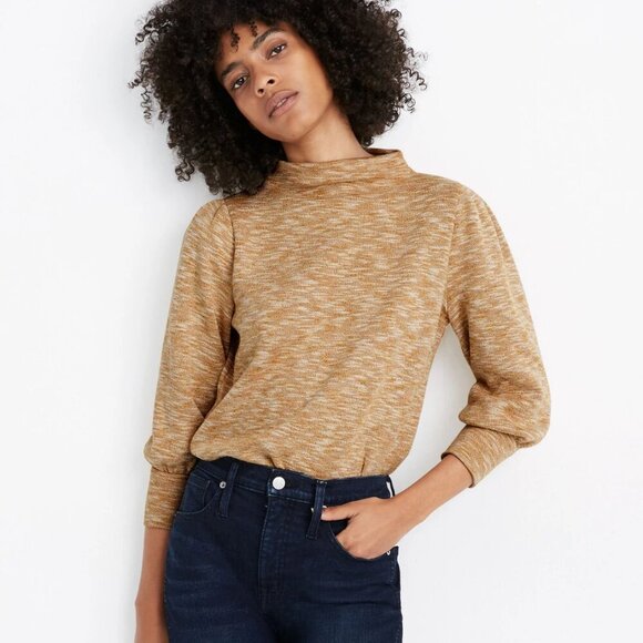 Madewell heather beige gathered sleeve mock neck top slightly cropped XL A25 - Picture 1 of 6